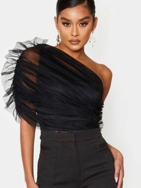 PrettyLittleThing Black One-Shoulder Tulle Ruffle Top NWT size 12